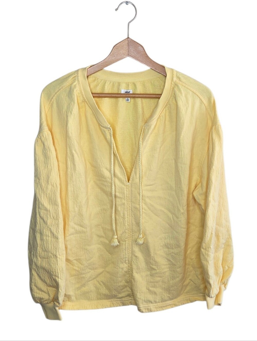 Aerie Butter Yellow Easy Street V-neck Gauze Textured Tassel Tie Pullover Small